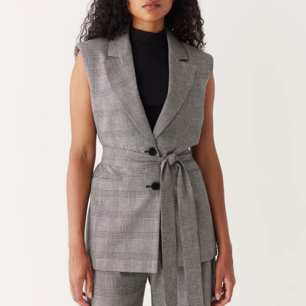Frank & Oak Grey Plaid Sleeveless Belted Blazer Vest